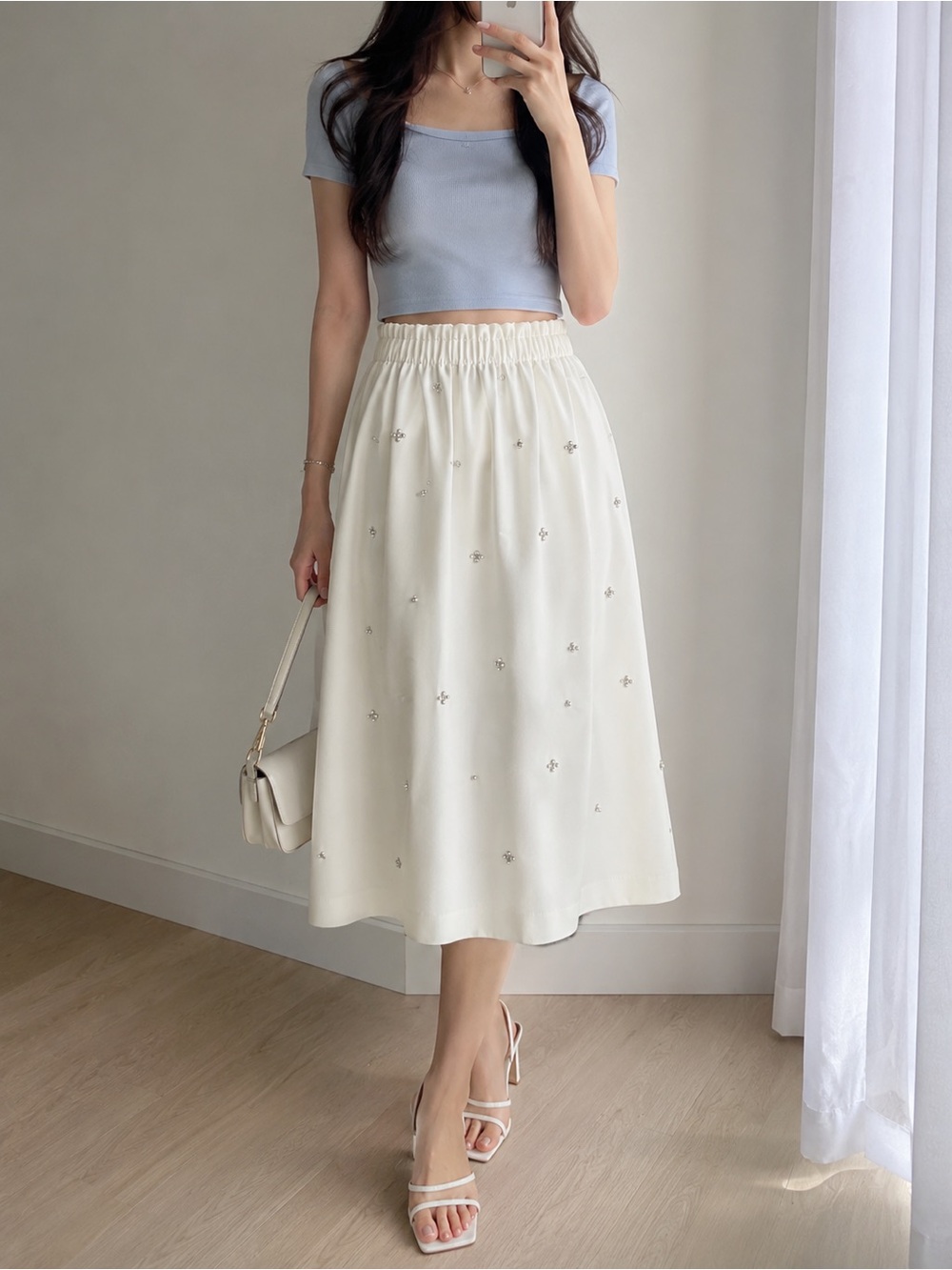 RW&CO. Cream Midi Skirt with Embellished Details
